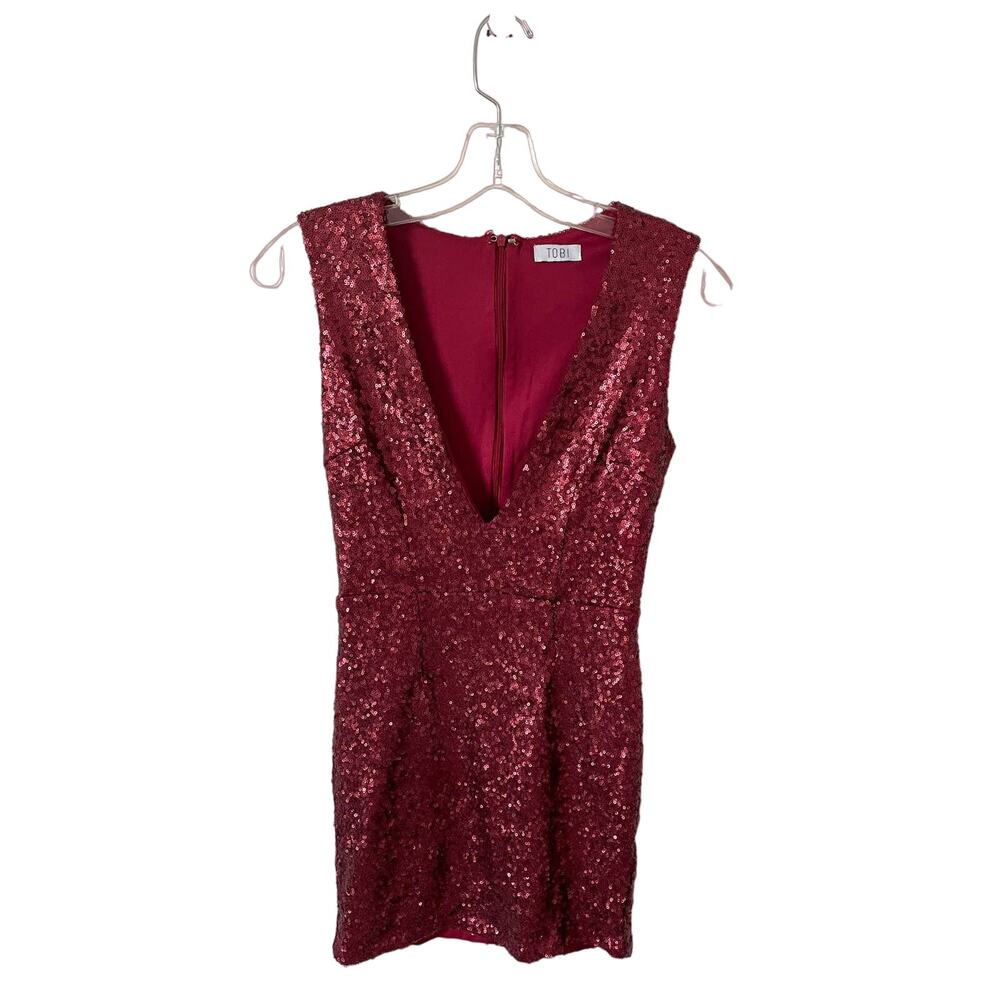 Tobi Low Cut V-Neck Sequin Bodycon Mini Dress Ruby Red Size Small